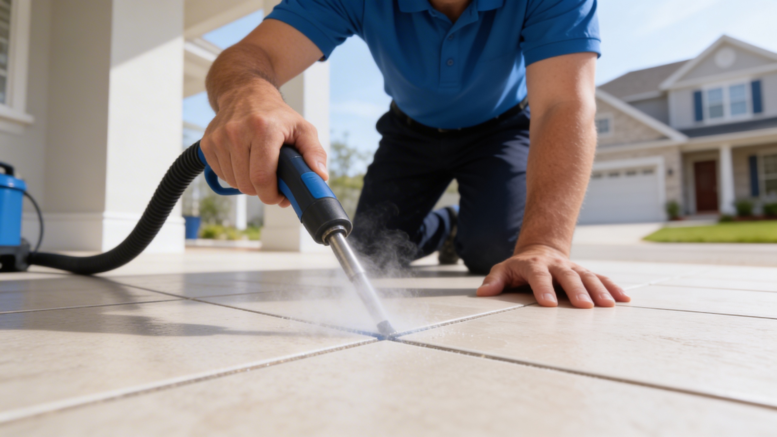 Crew steam cleaning outdoor tile