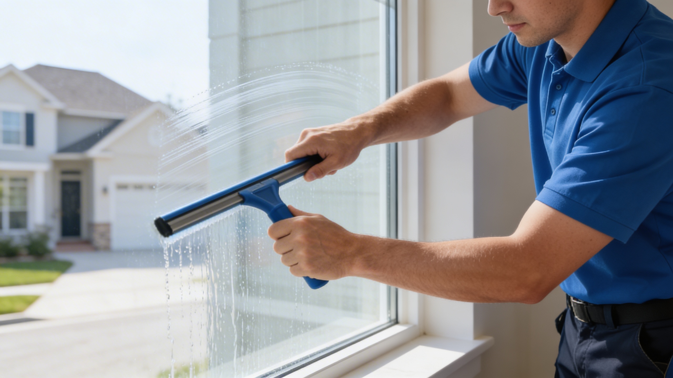 Crew member cleaning windows
